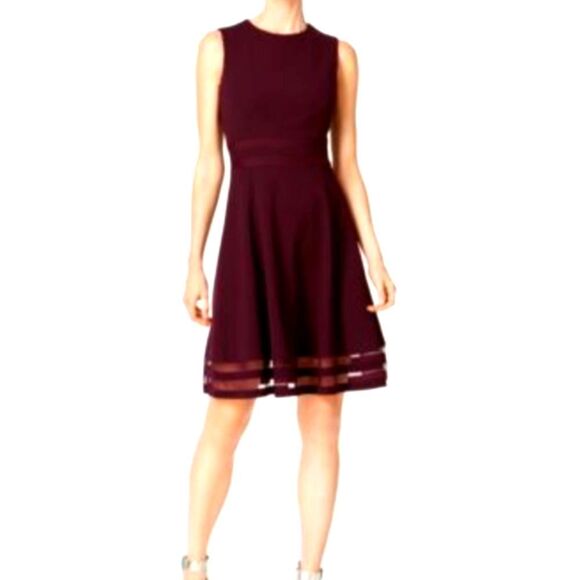 Calvin Klein Illusion Trim Fit and Flare Cabernet Sleeveless Dress - Picture 8 of 10